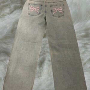 Light blue Wide-Leg Jeans with Pink Bow Back-Pocket Detail